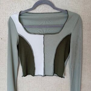 SHEIN Colorblock Ribbed Long Sleeve Crop Top Green & White Size S/M